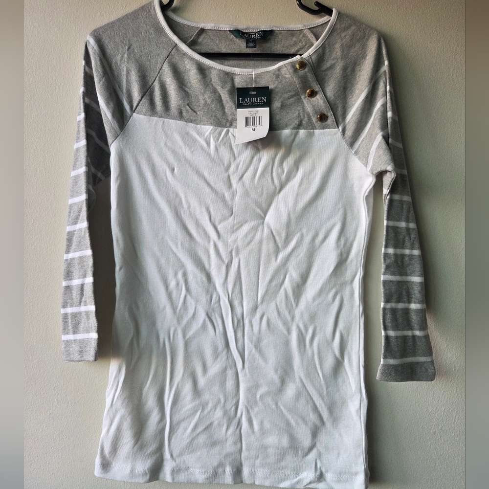 Ralph Lauren Womens Gray and White Striped Top